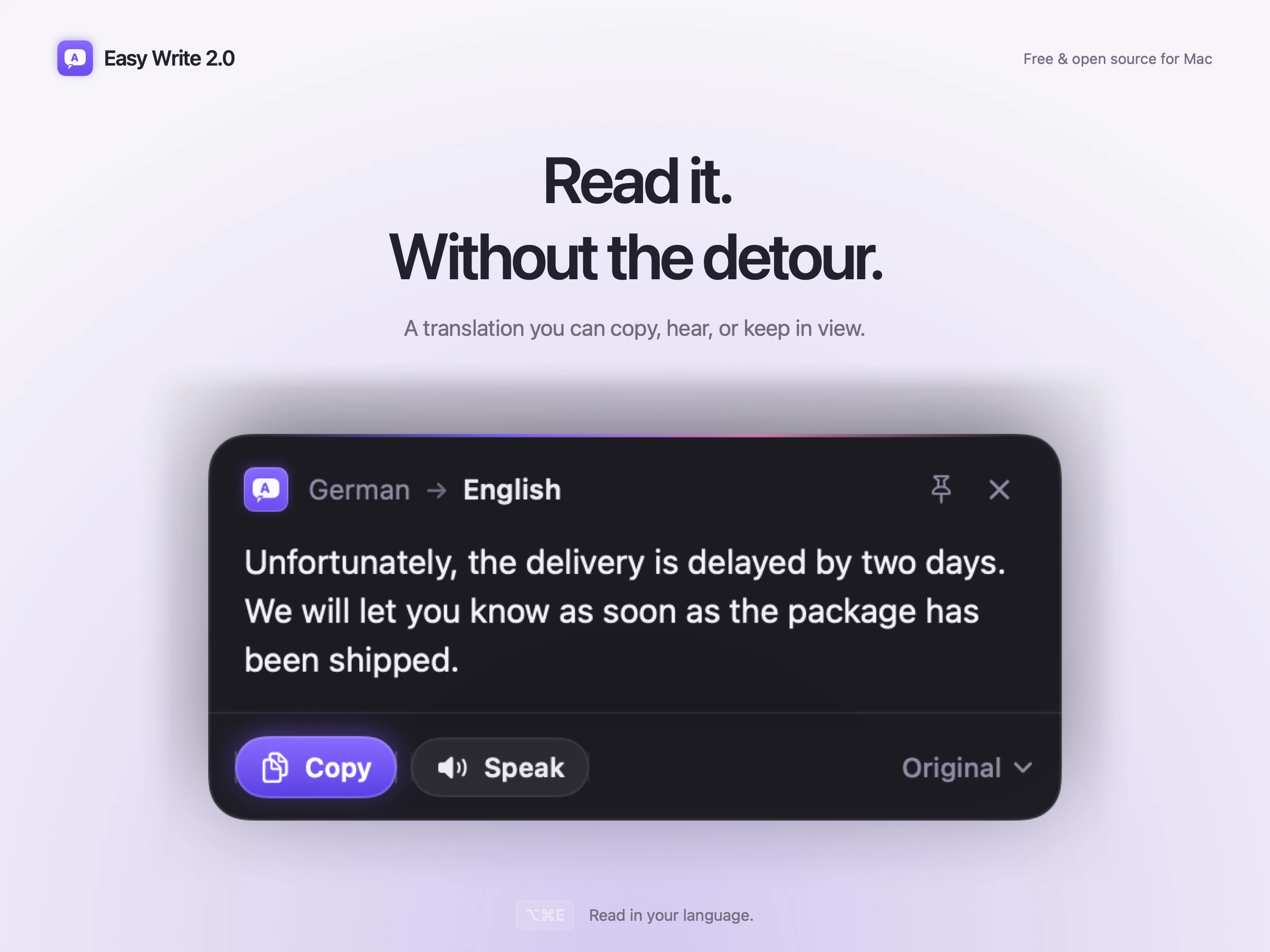 Easy Write’s native reader with an illustrative German-to-English translation, original text and copy controls.