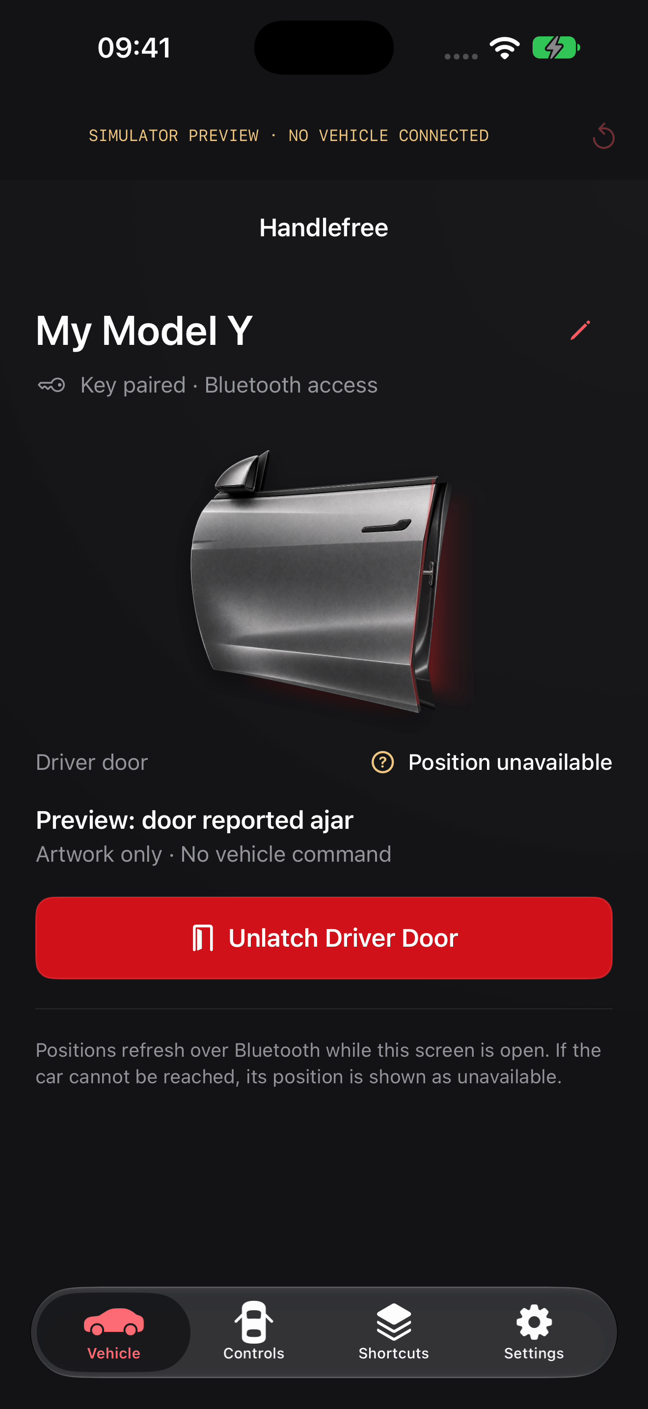 Handlefree driver-door control with the door animation open, captured in simulator preview