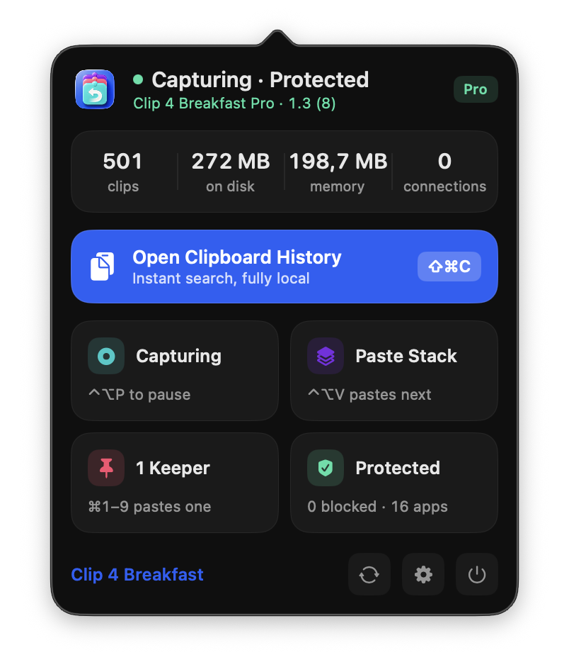 The current Clip 4 Breakfast panel showing local history, Paste Stack, Keepers, and privacy status.
