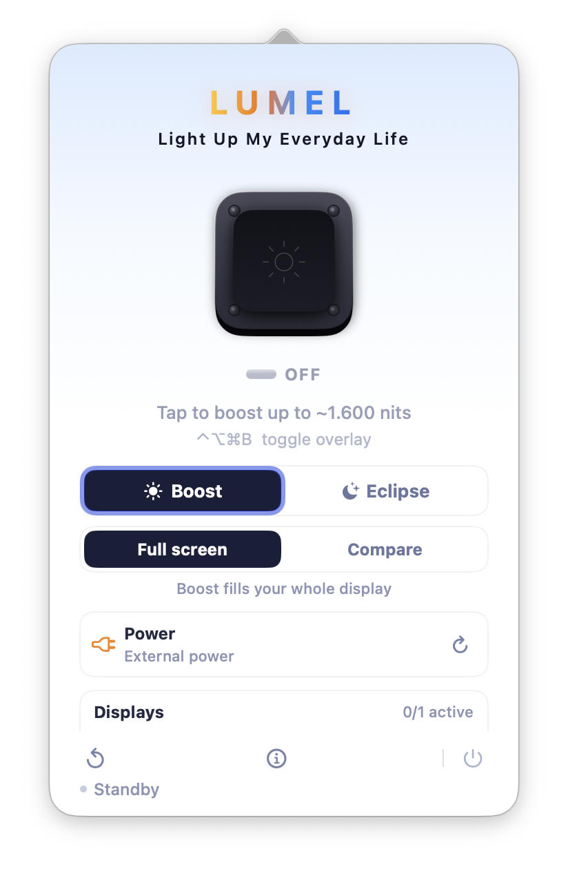The current LUMEL popover showing Boost and Eclipse display controls.