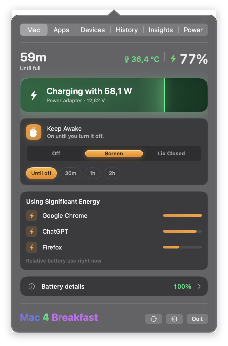 The current Mac 4 Breakfast panel showing battery, charging power, temperature, and energy use.