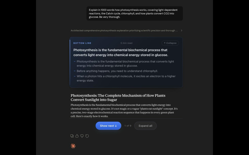 The Unfold AI reading view pacing a long AI answer into sections in the browser.
