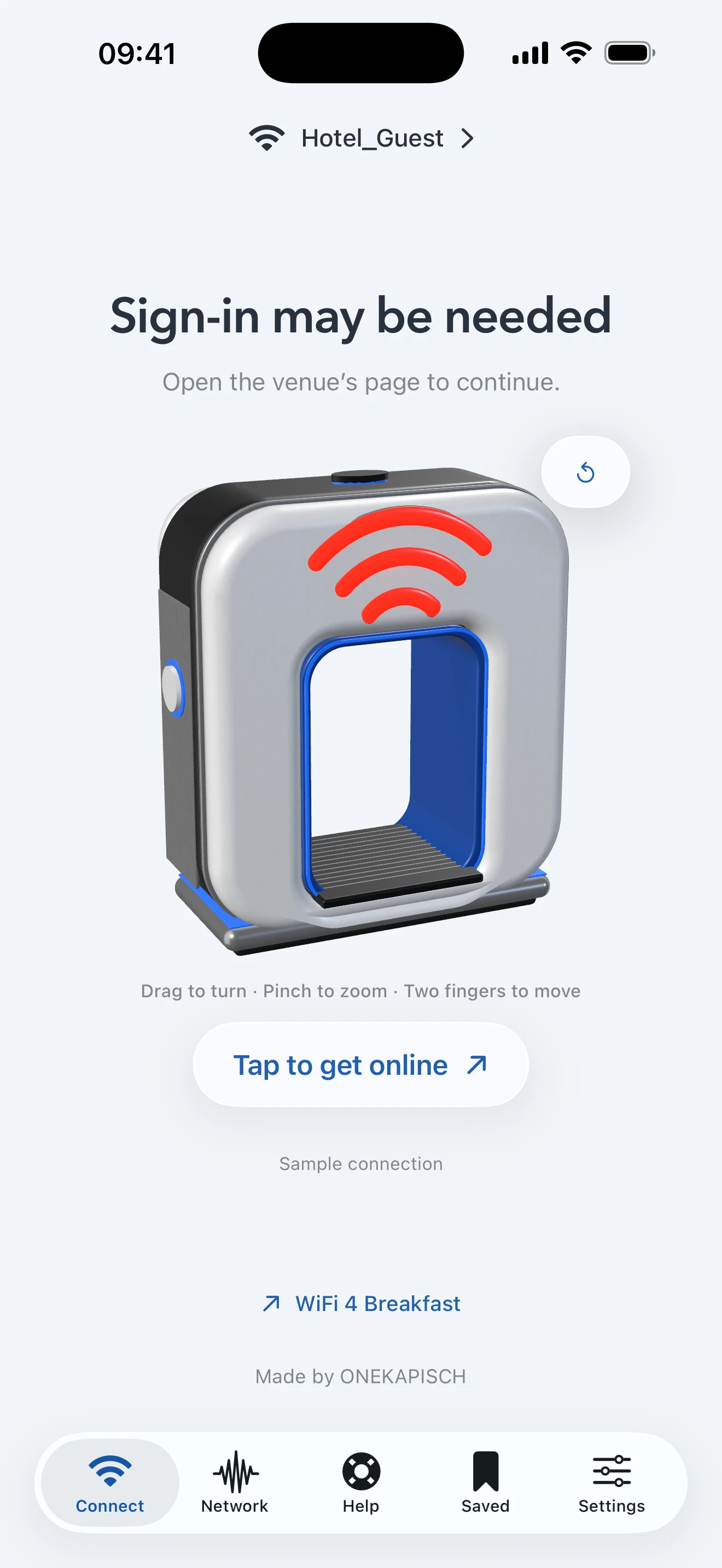 The WiFi 4 Breakfast iPhone Connect screen showing a sample public Wi-Fi connection that may need its sign-in page.