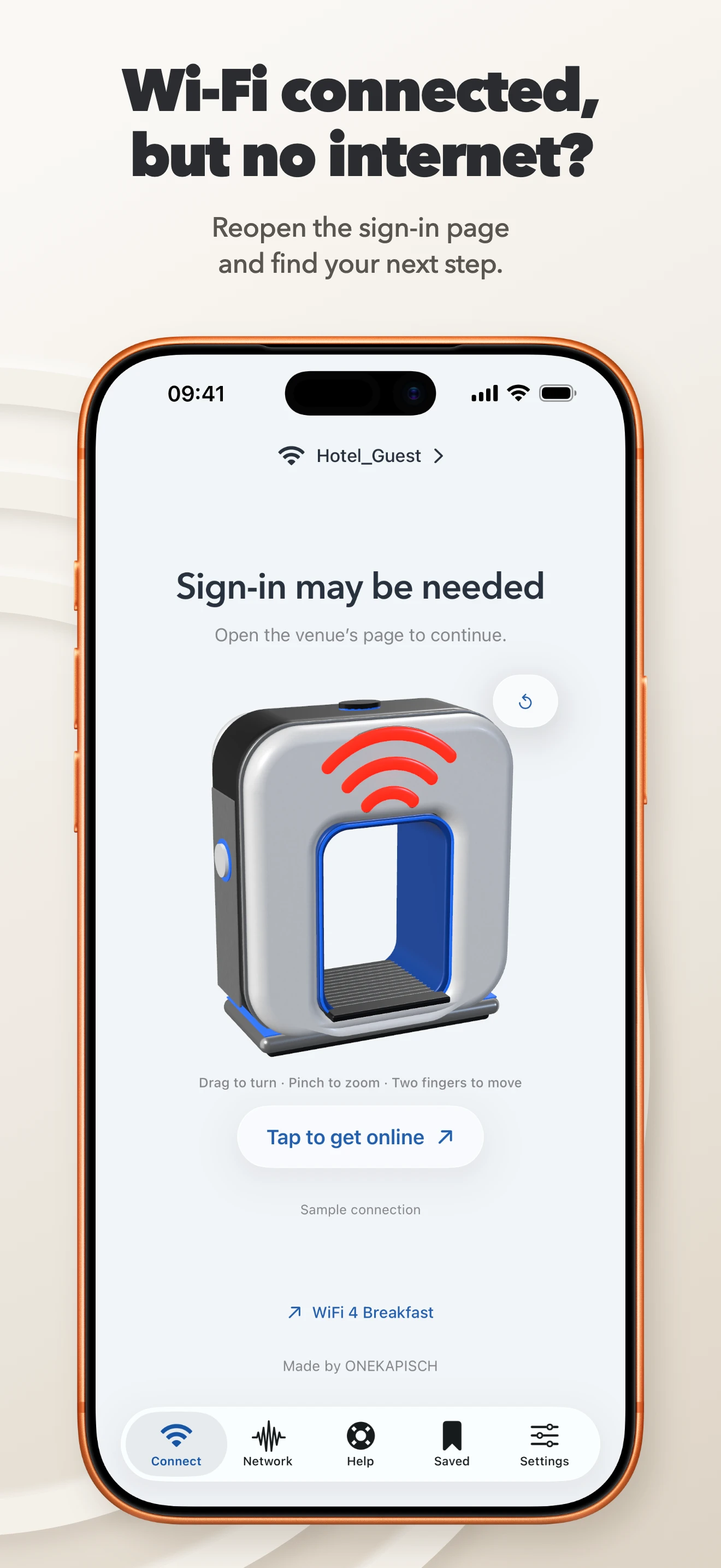 WiFi 4 Breakfast App Store preview explaining how to reopen a missing public Wi-Fi sign-in page.