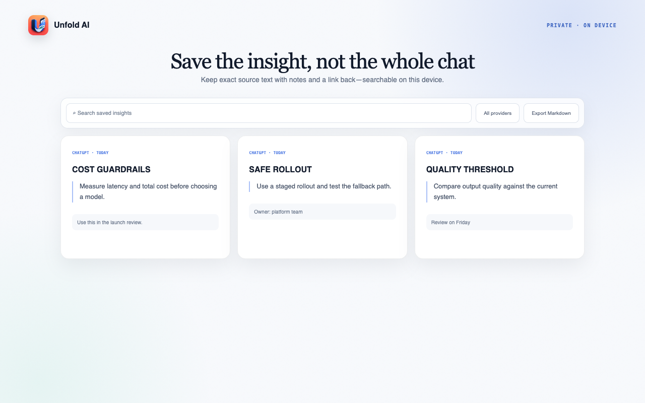 The private searchable Saved Insights library in Unfold AI.